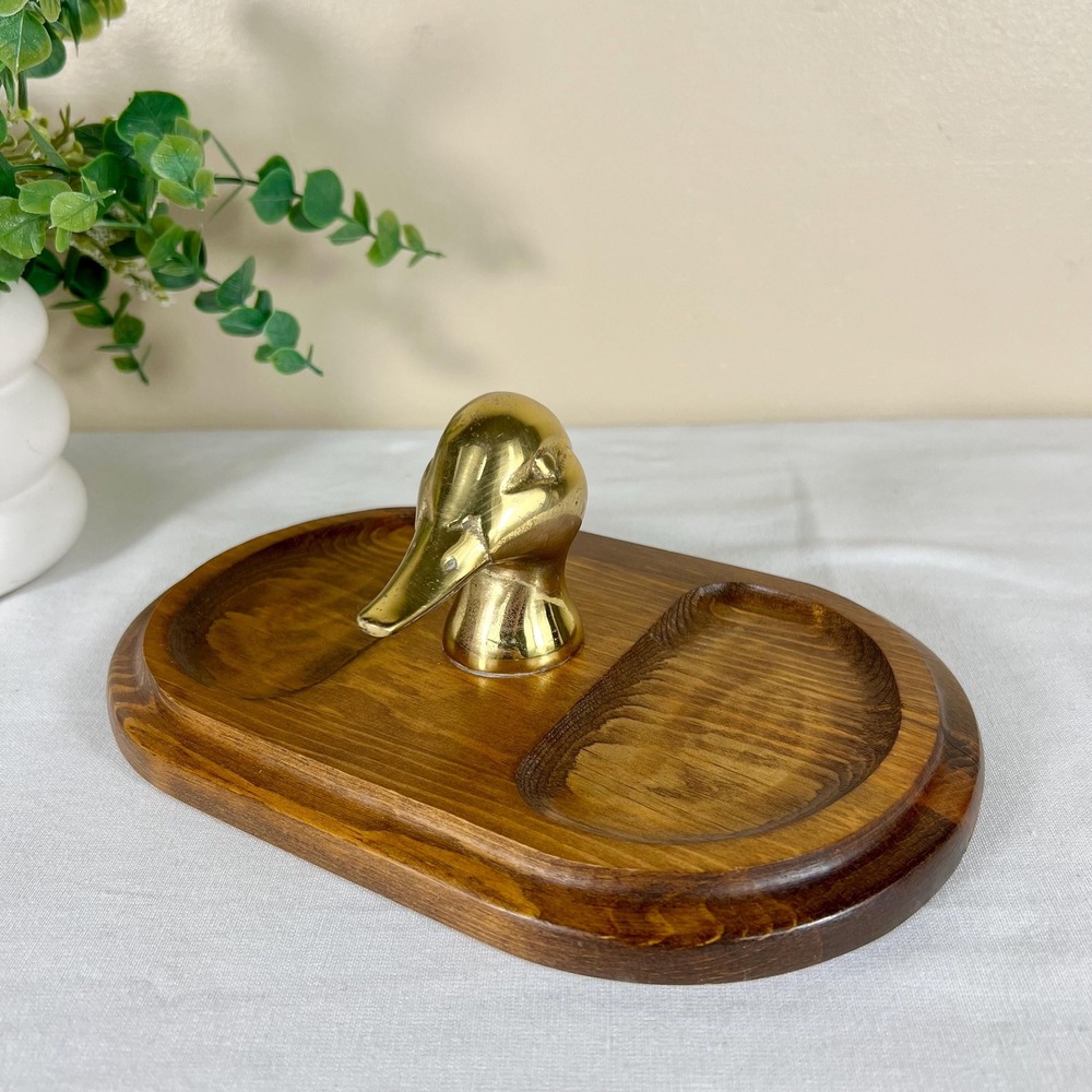 Vintage Wood and Brass Duck Trinket Tray or Dresser Valet